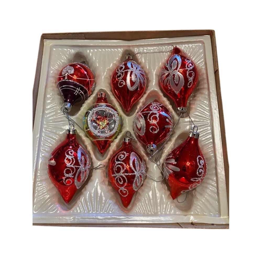 Vintage Red Silver Glass Christmas Ornaments Teardrop Finial Set of 8 Indent